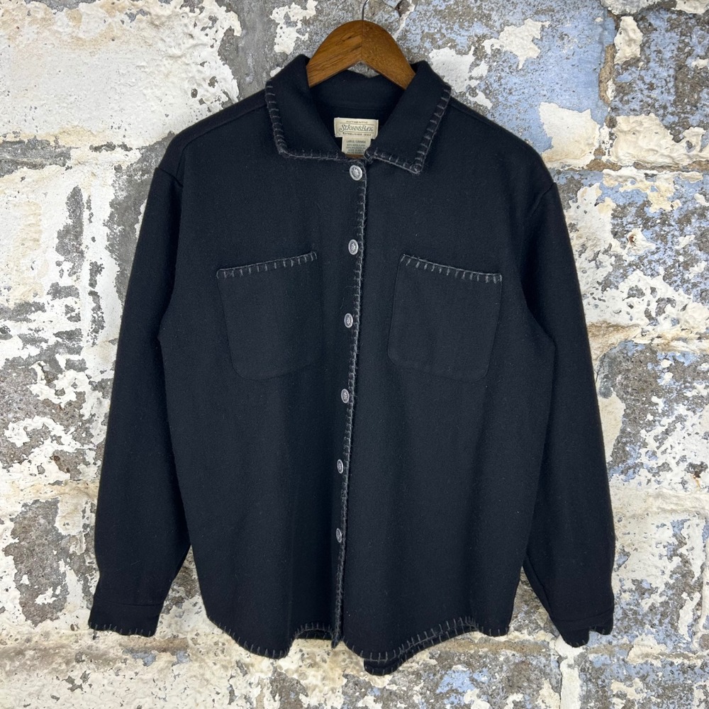 Vintage St. Johns Bay Wool Blend Shacket Black Whipstitch Jacket Womens Large
